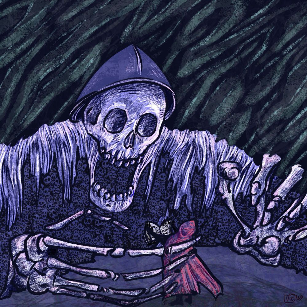 A  digital illustration of a confrontation between a mysterious figure and a ghostly apparition 