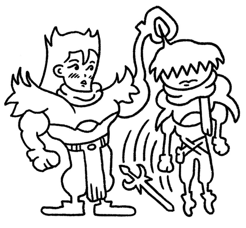 black and white cartoon drawing of karl cares and ares from brandish 2: the planet buster (falcom). karl is blushing as he picks up ares by one strand of hair. ares hangs limply, and his sword (the planet buster) is falling to the ground.