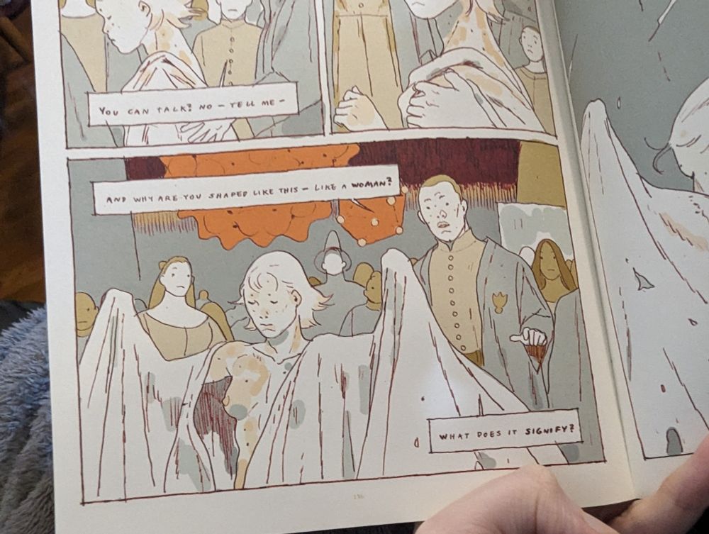 A pale being draped in a flowing, white garment that may or may not be part of their body walks away from a man who asks them, "And why are you shaped like this—like a woman? What does it signify?"