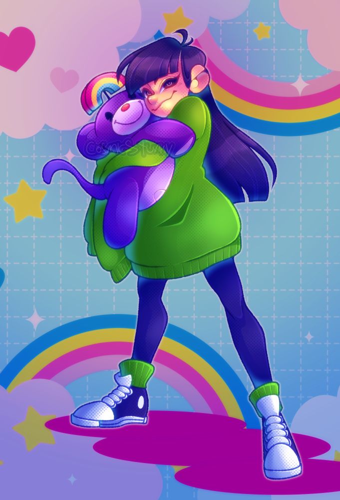 artist rendition of number 3 from codename: kids next door holding a rainbow monkey plushie