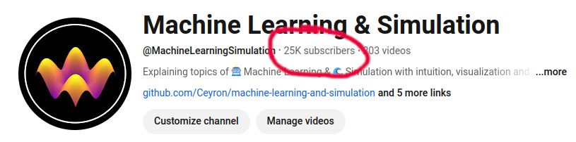 A screenshot of the YouTube channel homepage with "25K subscribers" highlighted in a red hand-drawn circle.