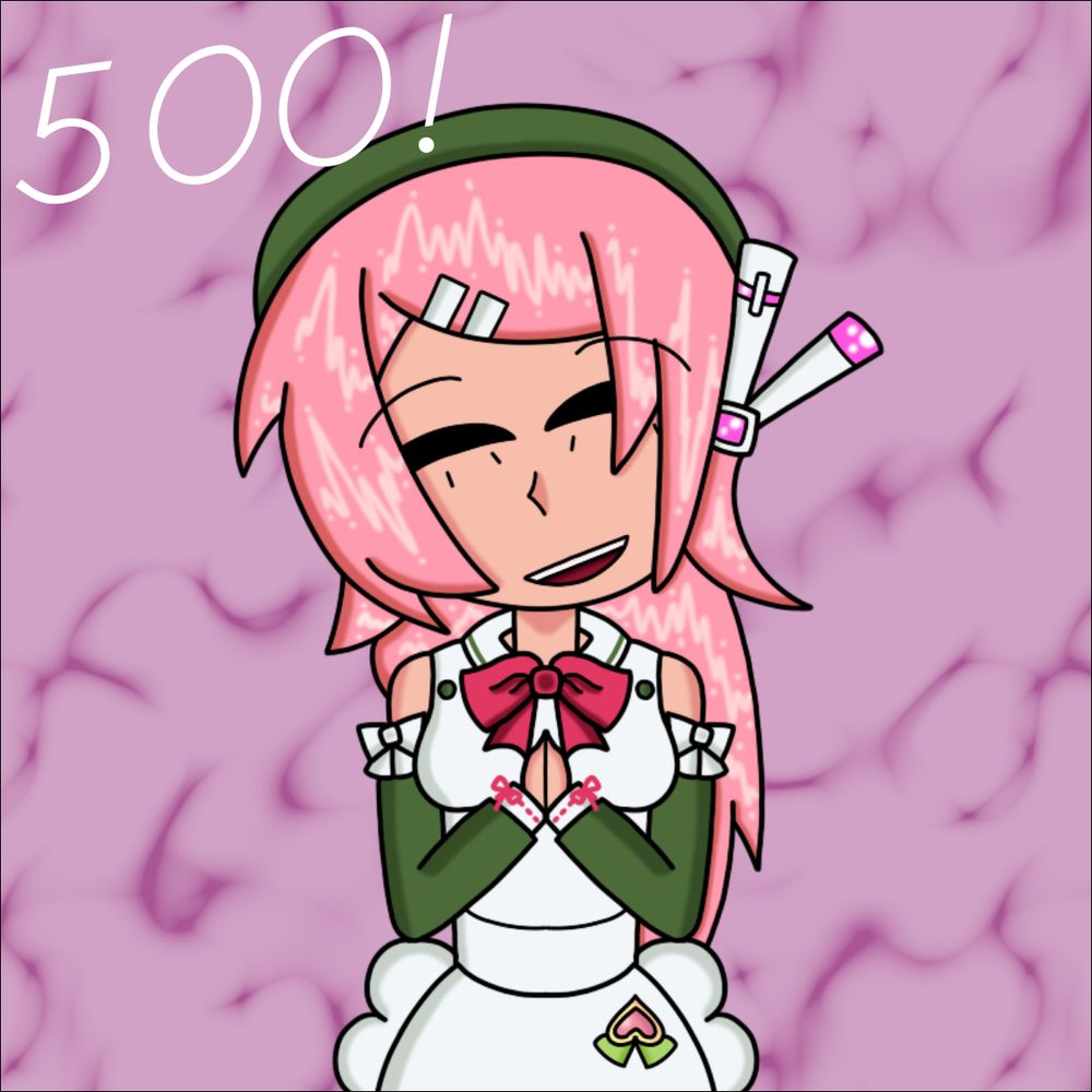 momo tilting her head with a happy expression and her hands clasped together. "500!" is written in the upper left corner.