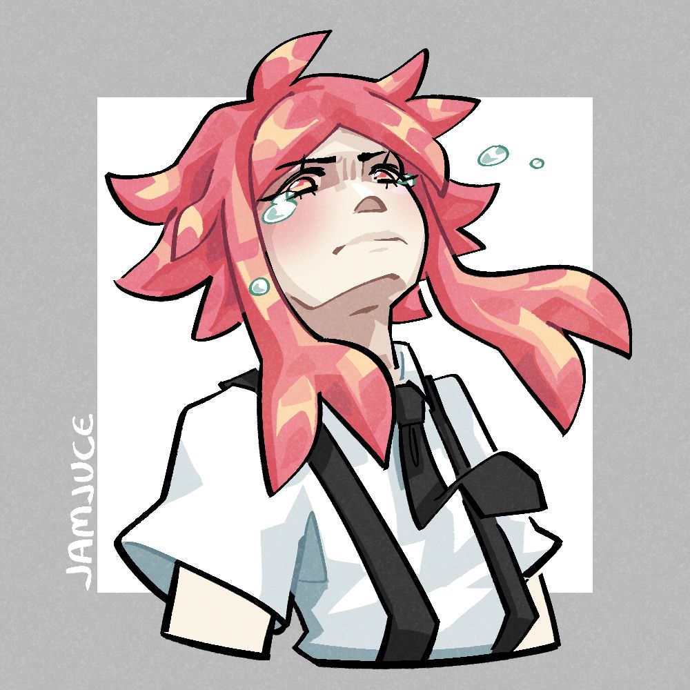 Artfight attack on Eagleguy5's Land of the Lustrous OC Malaya Garnet, with head tilted up and tears, frustratedly looking at the viewer