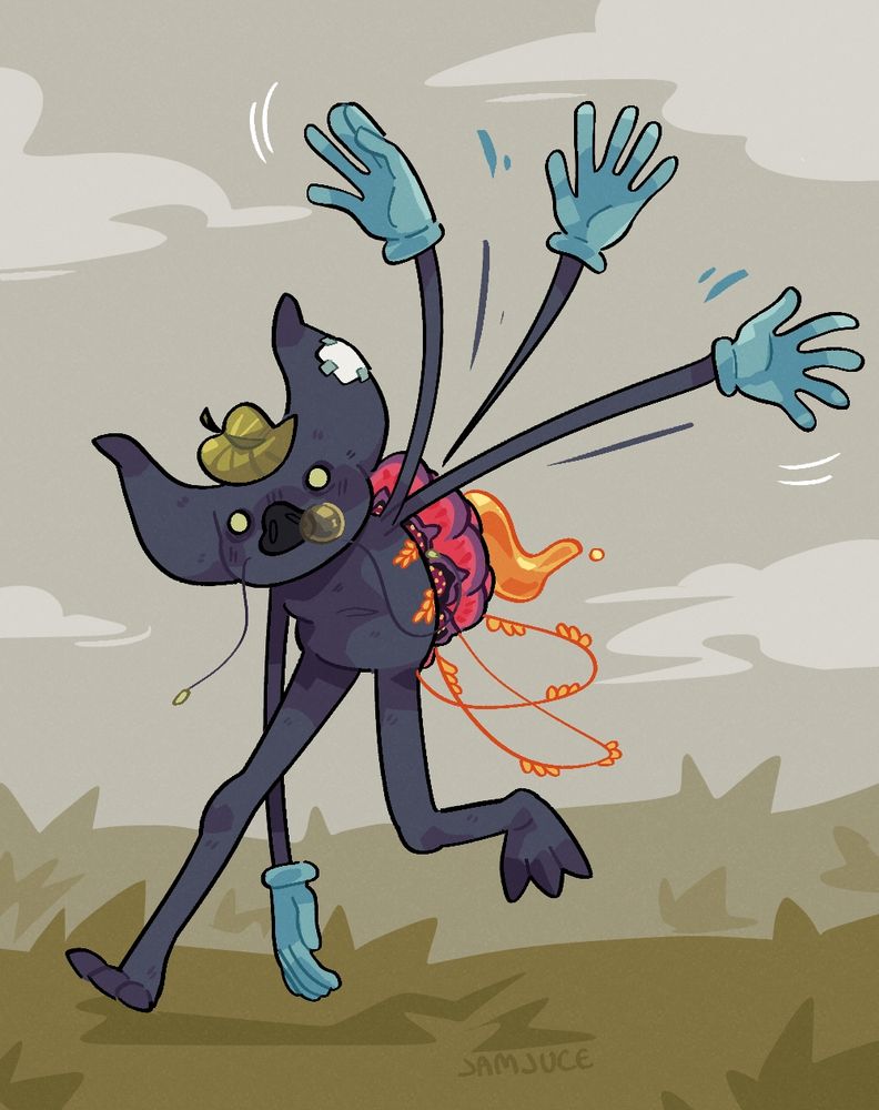 Illustration of a lanky alien creature with a large nose and ears, it walks with long legs towards the left waving its arm back and forth.