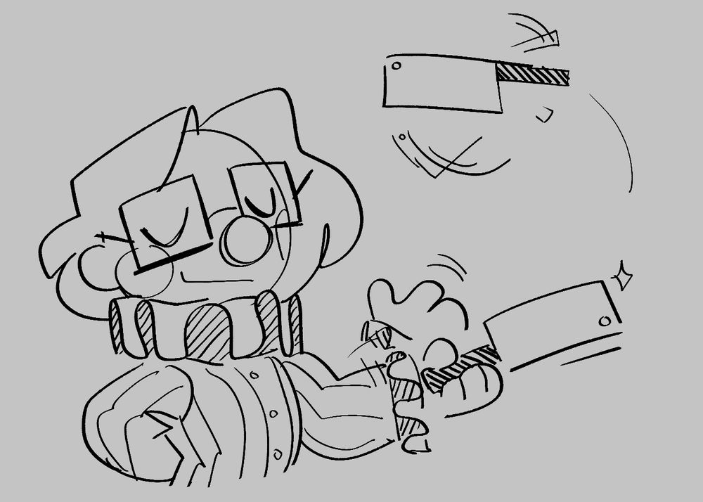 Clown girl with glasses juggling two cleavers with her left hand and eyes closed