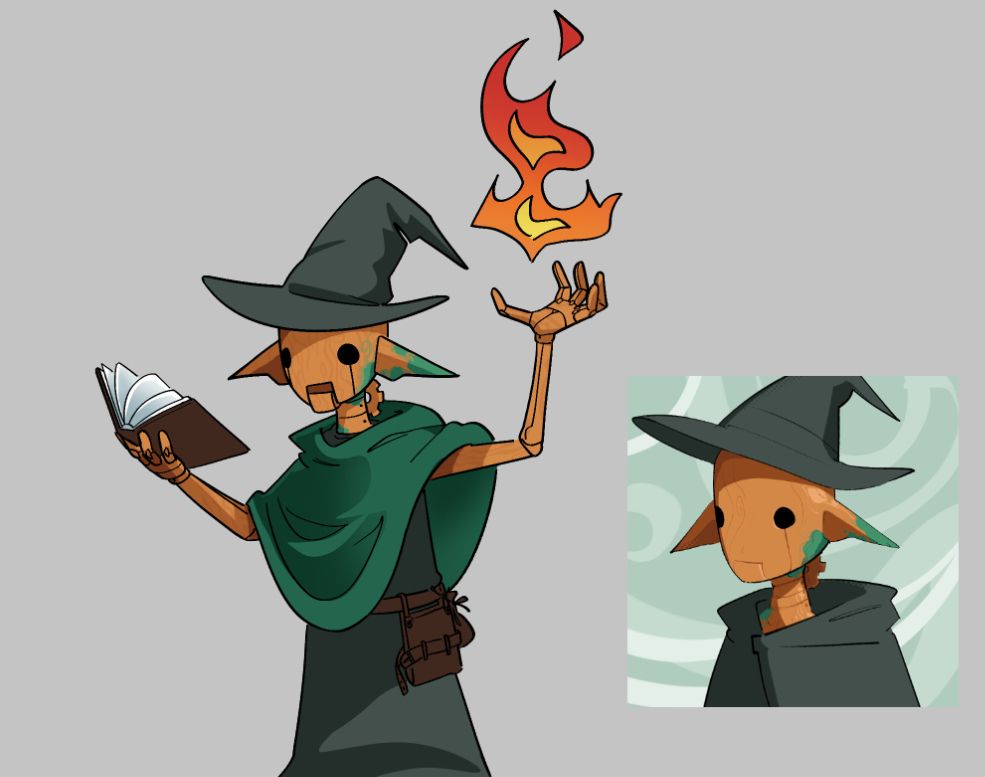 Illustration of a copper automaton shaped like a small scrawny elf, with green oxidisation on his cheek and left ear and wood-like etchings across his surface. He wears a big grey wizard hat and green poncho as he holds a book in one hand and casts fire in the other. A leather belt and sleeve for his book is worn on his waist.