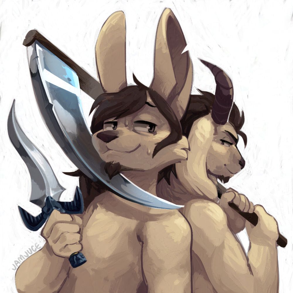 illustration of a rabbit man and goat man back to back. the rabbit in the front holds a knife up with a nervous smile as the goat behind him holds a scythe around his neck.