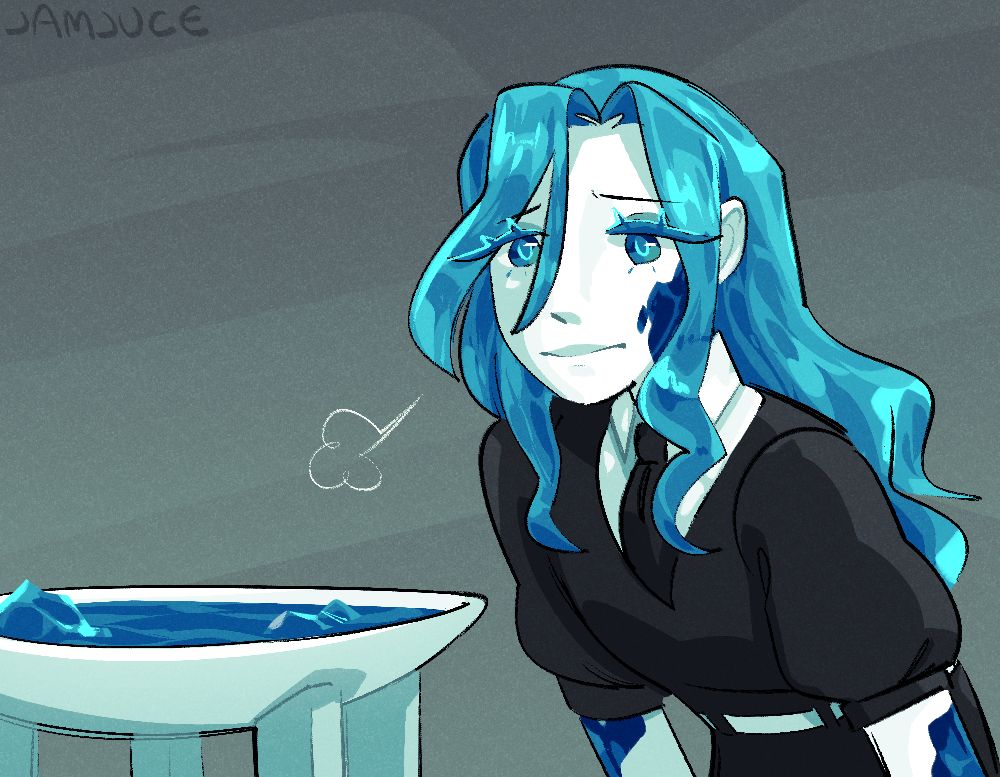 Artfight attack on WitchyTwink's land of the lustrous OC Chalcanthite looking down at a bowl waiting for a liquid to recrystalise