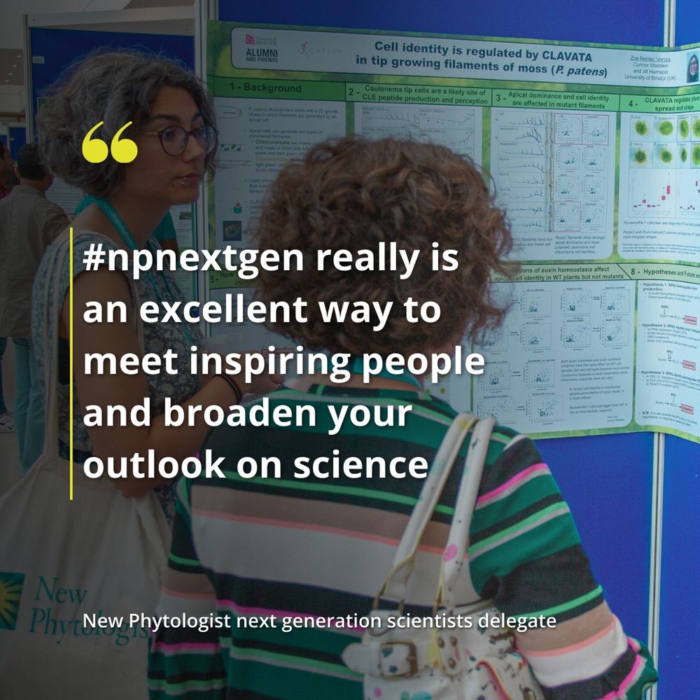 People at a conference. A quotation from a New Phytologist next generation scientists delegate reads '#npnextgen really is an excellent way to meet inspiring people and broaden your outlook on science.'
