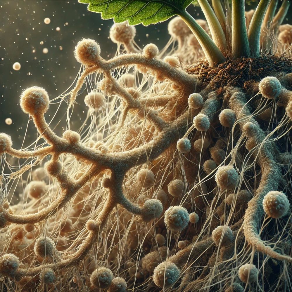 Fig. 1 DALL·E OpenAI generated image of a mycorrhizal interaction. The image was created using the prompt: ‘Generate a photo of a plant root system interacting with fungal mycelium in a mycorrhizal interaction’. The resulting image clearly contains inaccuracies and unrealistic elements, making it appear surreal and scientifically unacceptable as an illustration of mycorrhizal interactions.