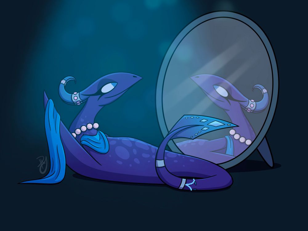 Purple dragon wearing a bunch of jewelry and accessories sitting in front of a mirror admiring her appearance 