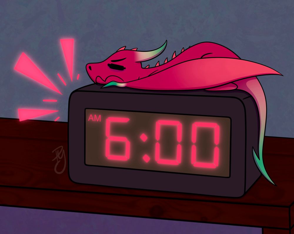 Dragon laying on top of an alarm clock that is going off reading 6:00 AM. The dragon looks very sleepy and unhappy to be woken up