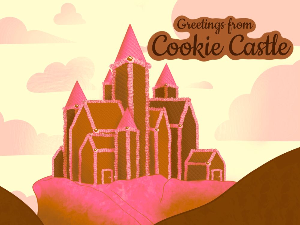 Postcard style illustration of a large castle made out of cookie wafers and pink icing. 