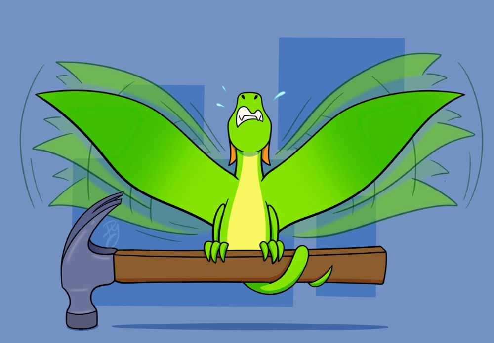 Green dragon furiously flapping his wings and struggling to pick up a hammer that’s about his size
