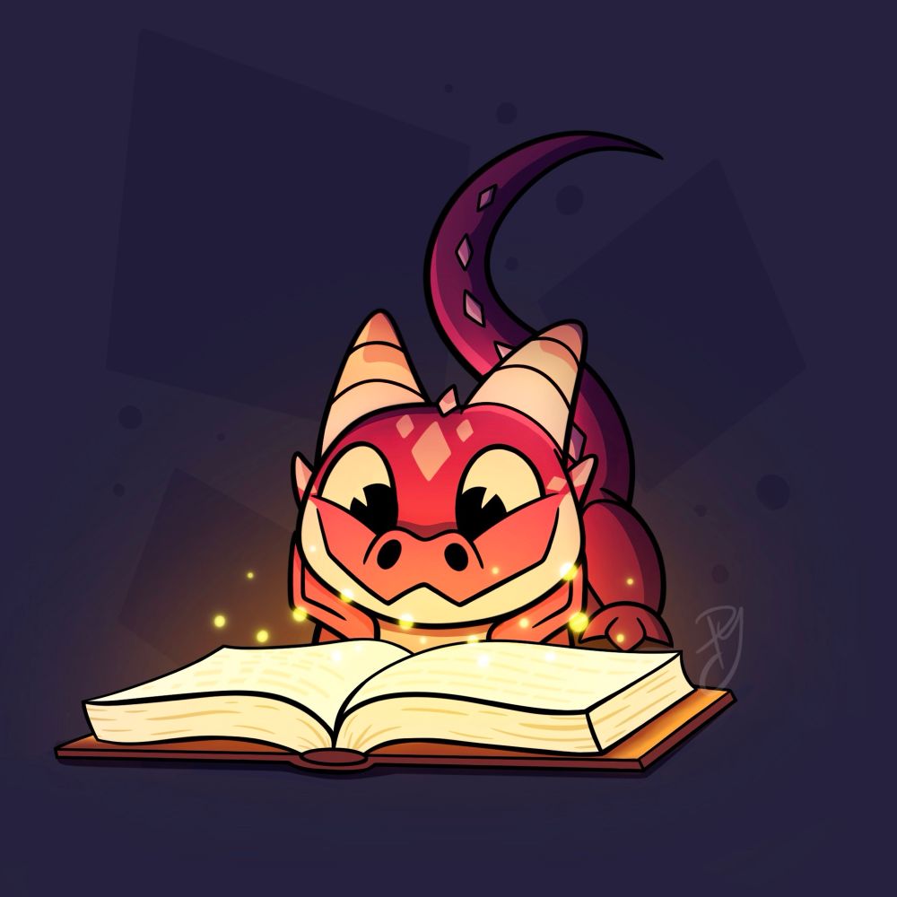 Dragon sitting in front of an open glowing book