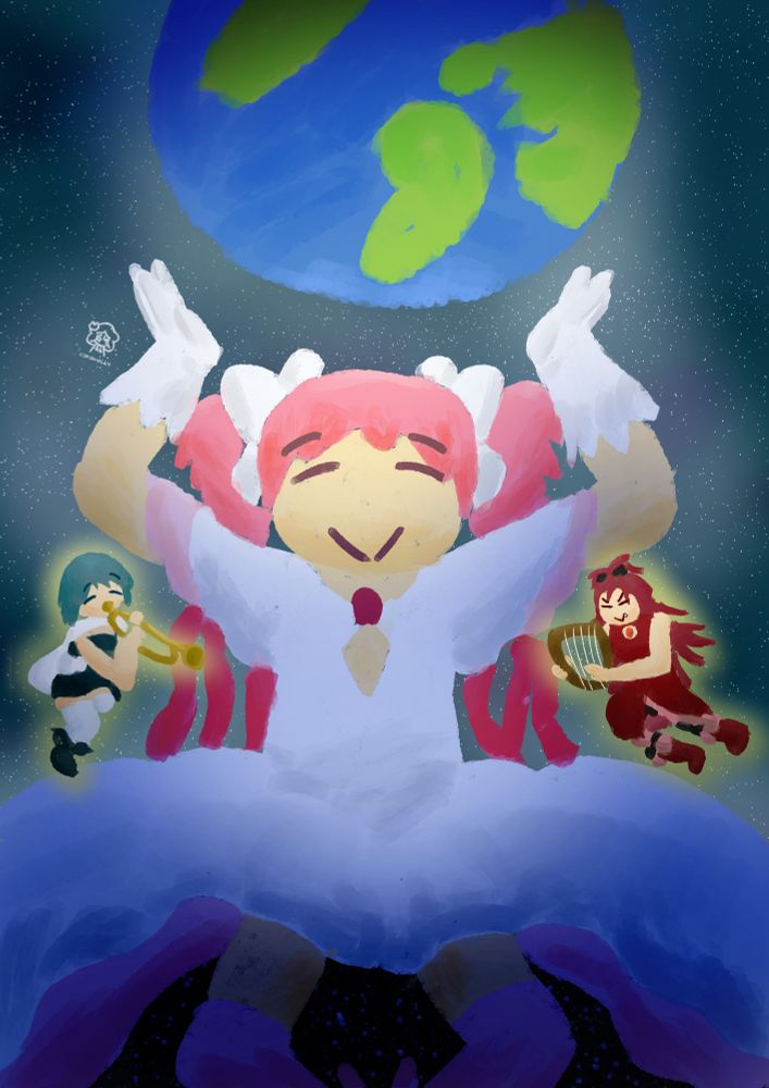ultimate madoka floating in space, below the earth, with miniature versions of sayaka and kyouko playing a trumpet and a harp