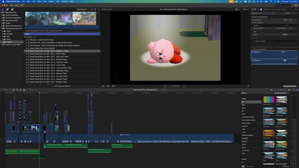 Early editing timeline of my Super Smash Bros. Retrospective. Preview window shows Kirby from Smash 64.