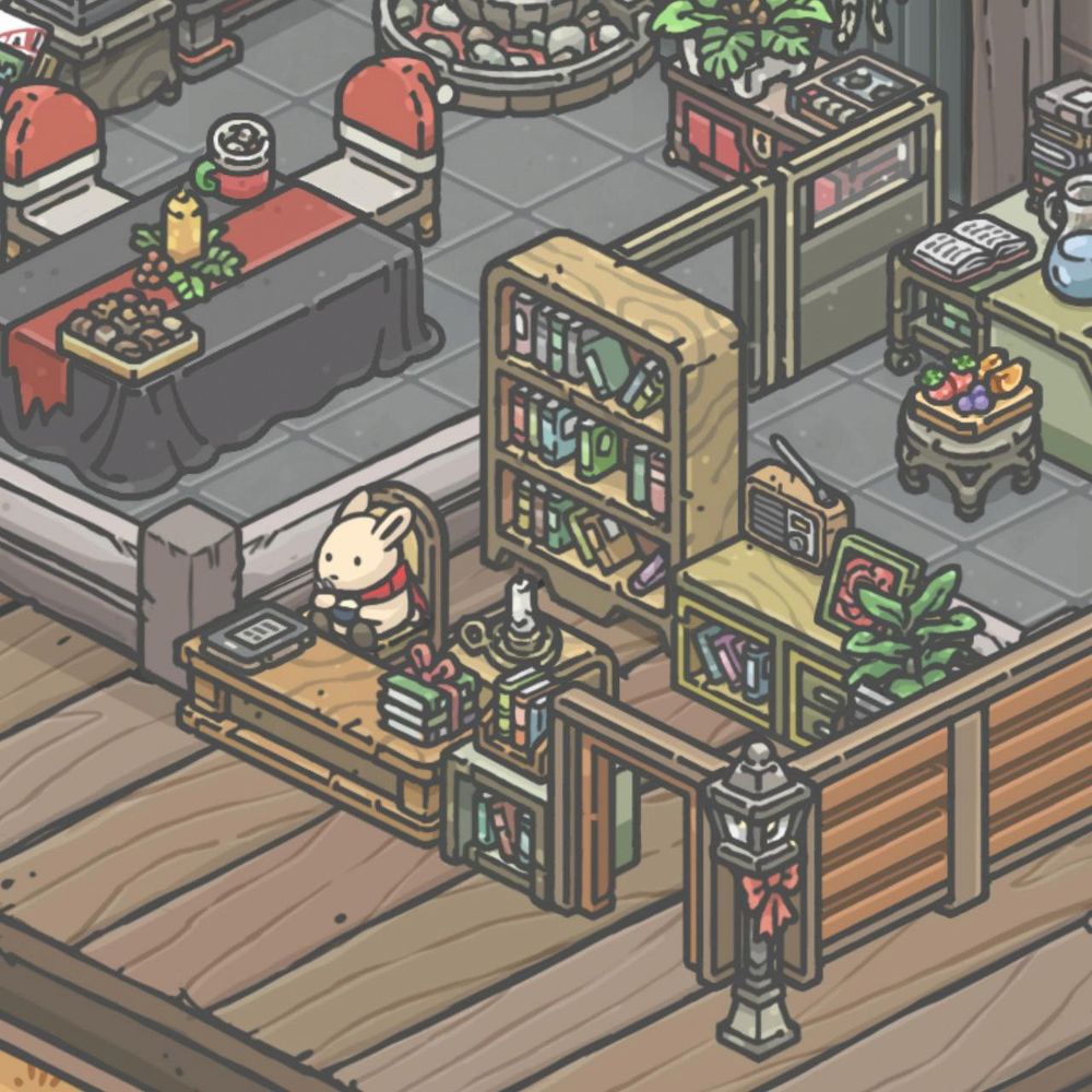 A bookstore outside a house, with Tsuki (the same rabbit) eating ramen at the counter.