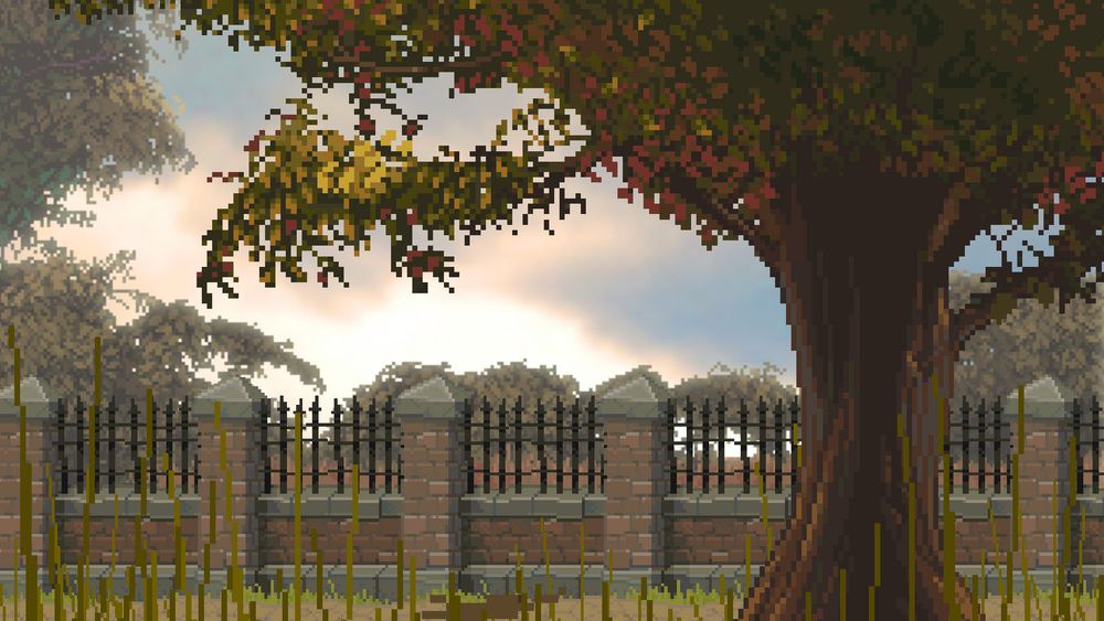 A pleasant autumnal pixel art image of a rustic brick wall and some large old trees.
