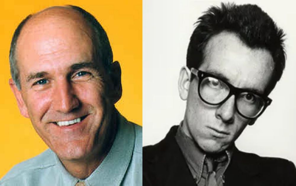 A picture of Abbot and Costello but wait!  It's not that Abbot and Costello!  It's Russ Abbot and Elvis Costello because I am from the England and I try to be funny!