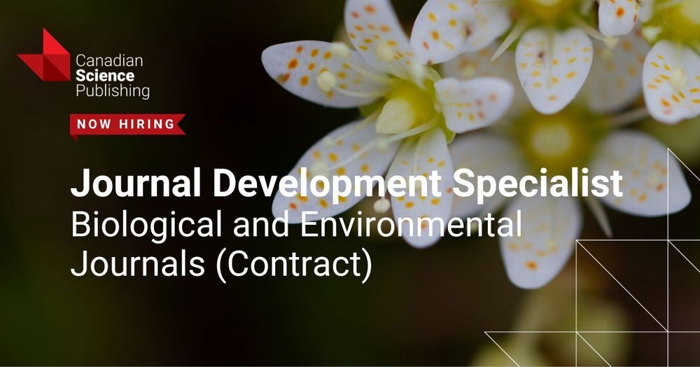 Social card to promote Journal Development Specialist job opening at Canadian Science Publishing. Background is white flowers. 