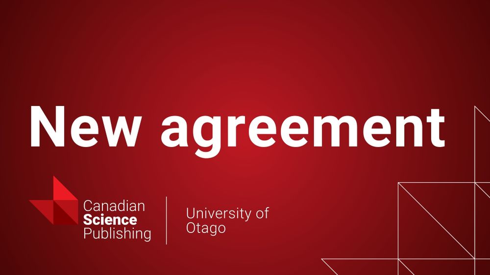 Red gradient background. Text overlay reads 'New agreement'. The Canadian Science Publishing logo sits at the bottom left with the blaze in the right corner. Next to the logo reads 'University of Otago'.