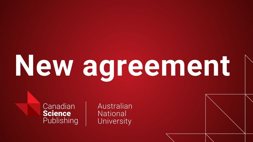 Red gradient background. Text overlay reads 'New agreement'. The Canadian Science Publishing logo sits at the bottom left with the blaze in the right corner. Next to the logo reads 'Australian National University'.