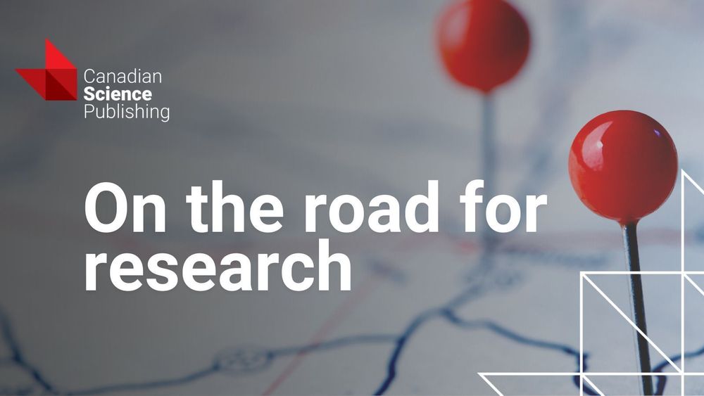 Social card with map and red pins. The Canadian Science Publishing logo sits in the top left corner and the blaze emblem sits in the bottom right. The overlay text reads 'On the road for research'. 