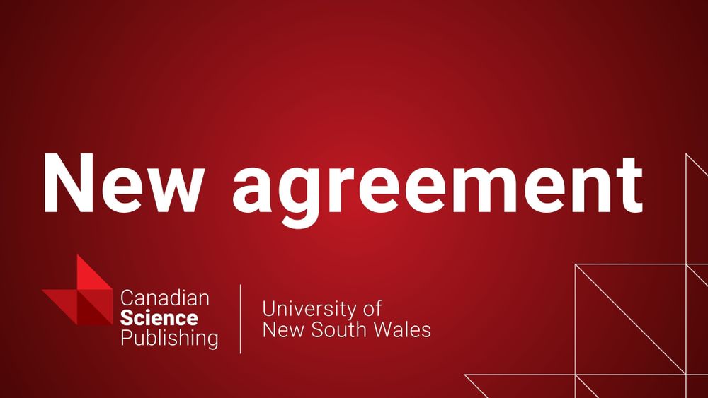 Red gradient background. Text overlay reads 'New agreement'. The Canadian Science Publishing logo sits at the bottom left with the blaze in the right corner. Next to the logo reads 'University of New South Wales'.