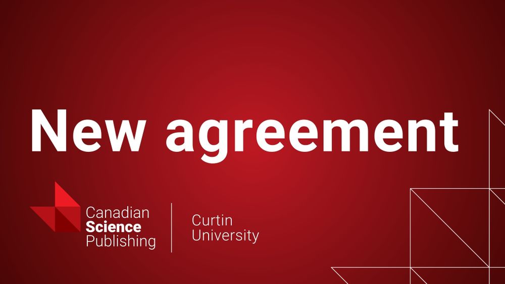 Red gradient background. Text overlay reads 'New agreement'. The Canadian Science Publishing logo sits at the bottom left with the blaze in the right corner. Next to the logo reads 'Curtin University'.