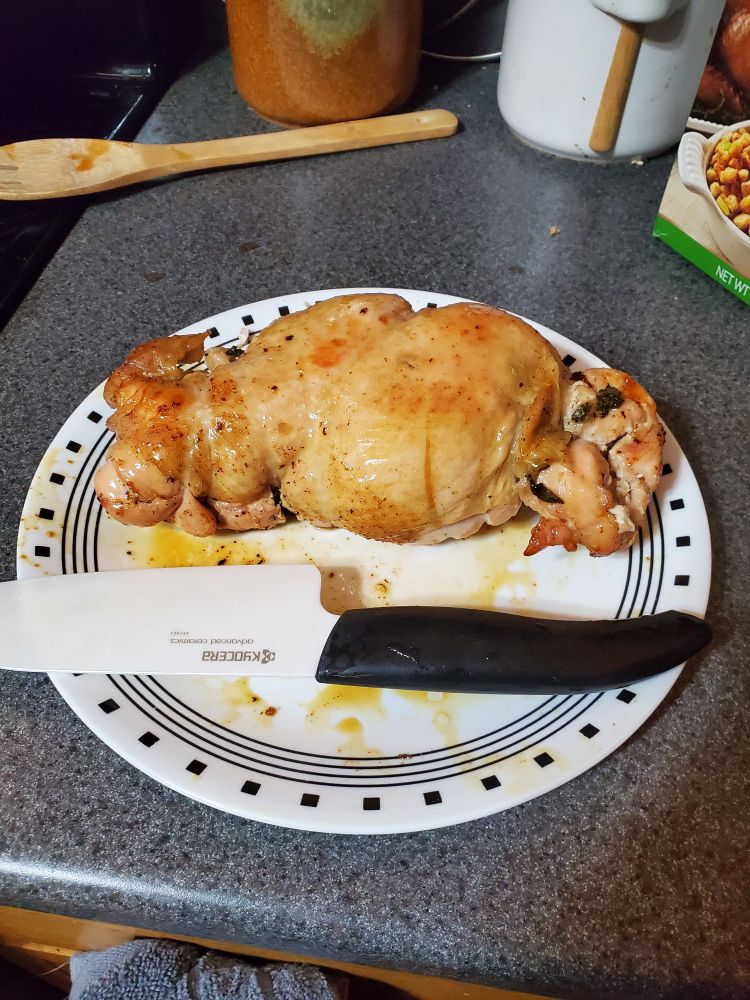 A cooked turkey porchetta