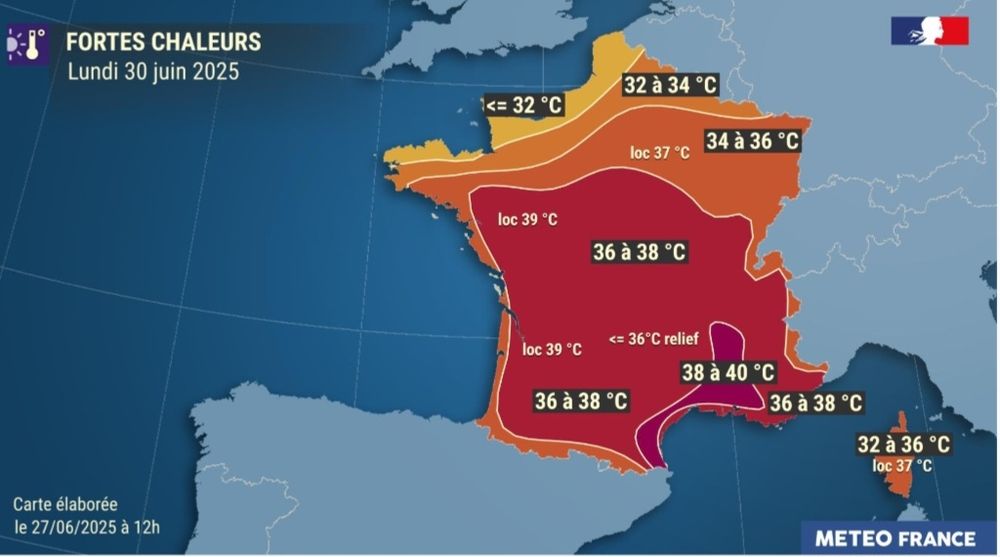 Carte des fortes chaleurs pour le lundi 30 juin.