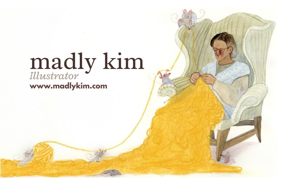 An illustration of a grandmother knitting an oversized yellow blanket in bright yellow fabric. She is sitting in a grey/green high backed armchair. She has brown/grey hair, brown skin, glasses, rosy cheeks, and is wearing a blue and grey sweater. there are five grey and pink mice helping her by carrying the yarn from the ball to her needles. There is a shy mouse sitting and watching the scene from bellow the chair. There are two mice sleeping underneath the blanket. 