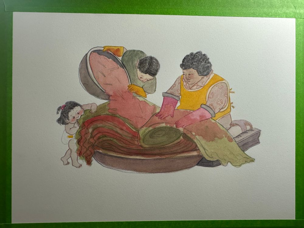 An illustration of a korean family making kimchi. The grandmother is in a yellow smock and pink gloves. She is spreading red sauce on an oversized nappa cabbage leaf. The boy is pouring the sauce onto the leaf. There is a toddler in a diaper eating the fresh kimchi. 