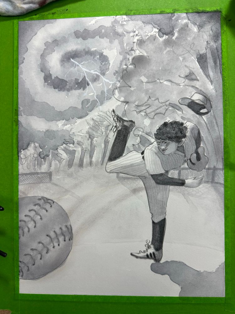 A black and white watercolor illustration of an adolescent boy pitching a baseball. His hat has flown off his head and a hurricane swirls in the sky.