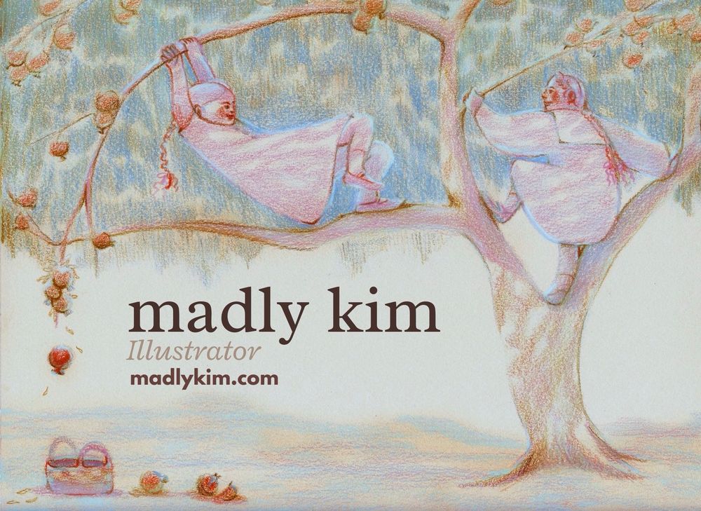 two young girls climb a tree. fruit from the tree falls into a basket. the hand drawn illustration is bathed in dappled light. 