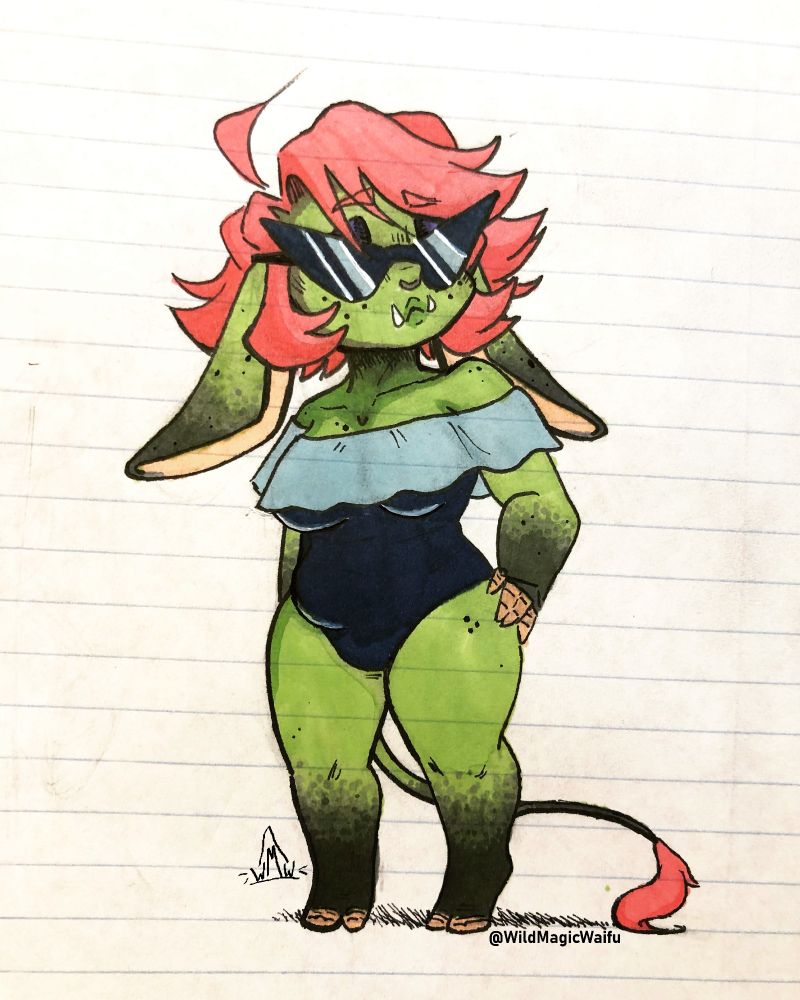 Goblin with pink hair, pointy glasses, and long ears in a bathing suit for summer, pen and ink sketch 