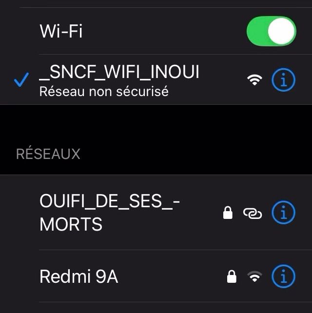 Liste des réseaux Wifi dans le TGV Inoui :

• _SNCF_WIFI_INOUI

• OUIFI_DE_SES_MORTS

• Redmi 9A

…