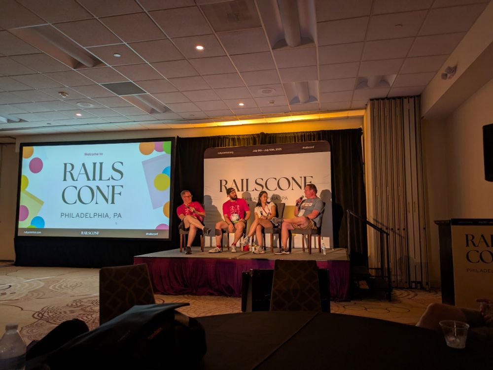 The Ruby podcast panel on stage at RailsConf