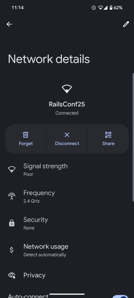 Network details page of my phone connected to the RailsConf WiFi network