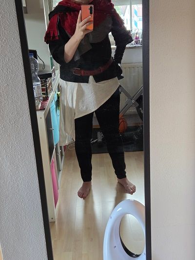 Mirror photo of me showing the progress of my Joshua cosplay from the game Final Fantasy XVI