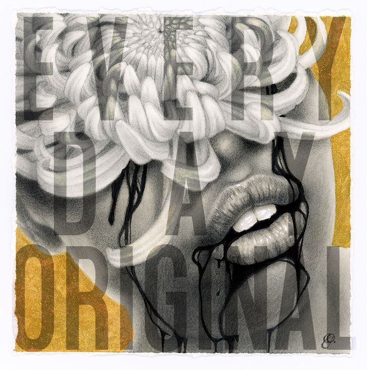 Drawing of a woman's face, a spider mum obscuring her eyes that are leaking dark tears. Gold iridescent watercolor colors the background. The drawing is framed to 6.5" x 6.5" in a simple brushed gold frame.
