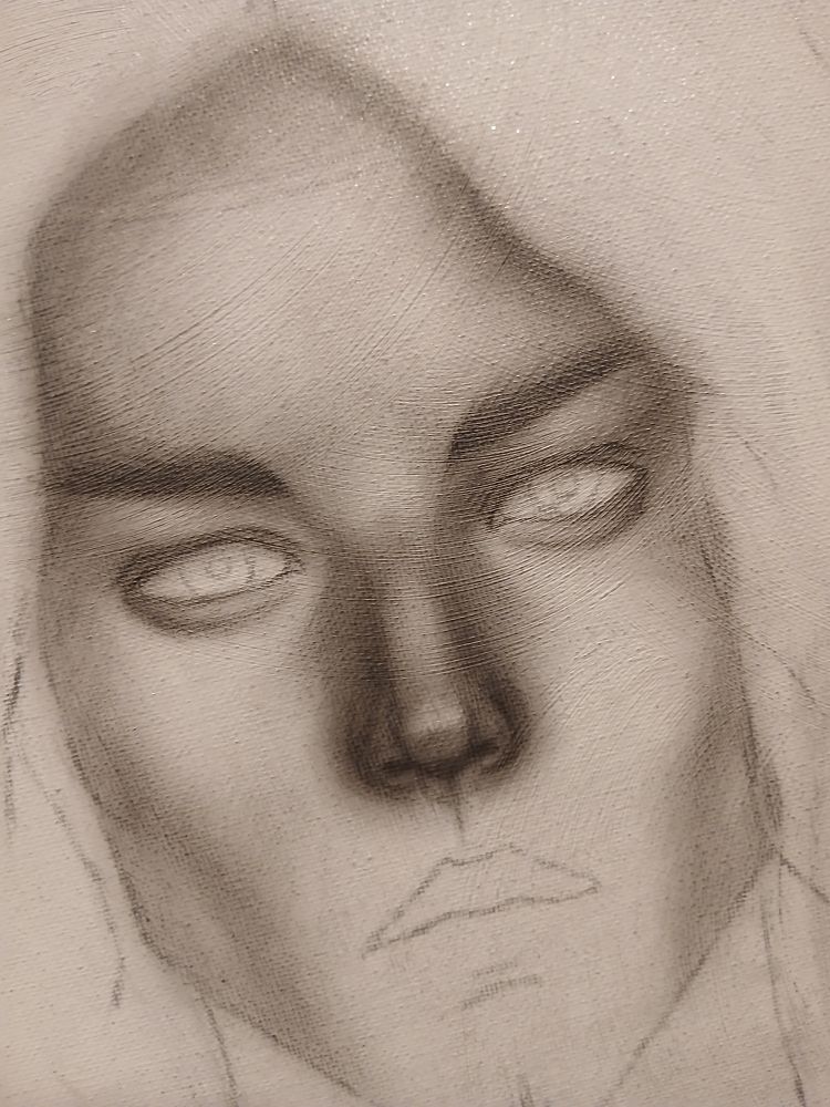 WIP of an androgynous face, graphite on canvas