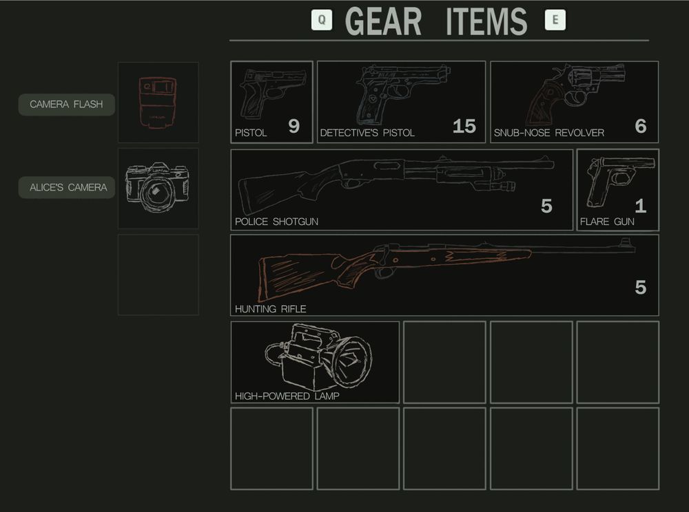 a very bad and rushed inventory mock up that rips off the alan wake 2 grid style. a collection of handguns and long guns fill up the 5x5 inventory. a camera and a flash attachment are on the left hand side. the background is a faded, dull green color. 