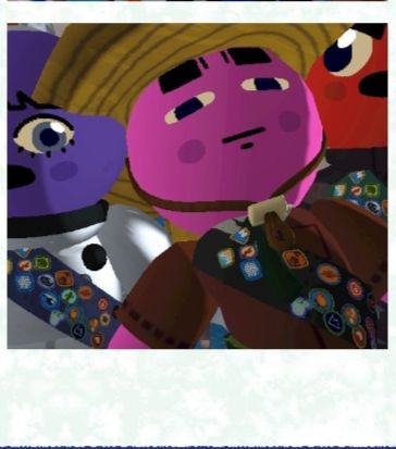 three peak characters. a purple one with bangs and realistic eyes dressed in a space suit, a pink one with anime thick eyebrows and disappointed eyes, dressed in a brown tunic with straw hat, and an angry red one who is cut off by everyone else. 