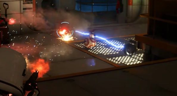 bb8 (an orange and white soccer ball type of thang) and bb9e (a black and white soccer ball type thang) tasing each other onboard a resistance cruiser