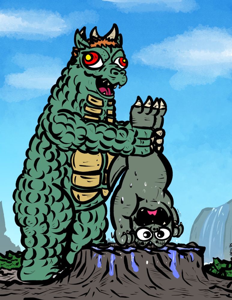 Gabara giving the swirly treatment to Minilla 