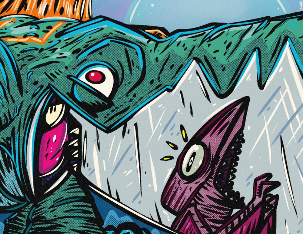 Guiron about to cut a Gyaos to ribbons