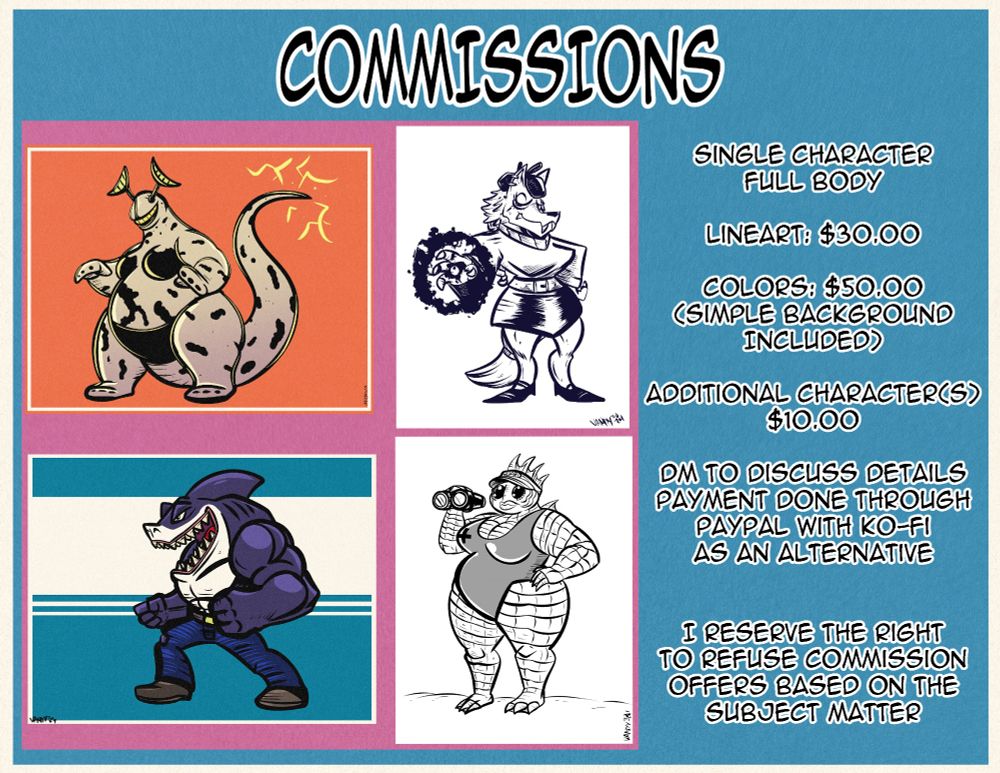 My commission sheet with basic pricing and examples. 