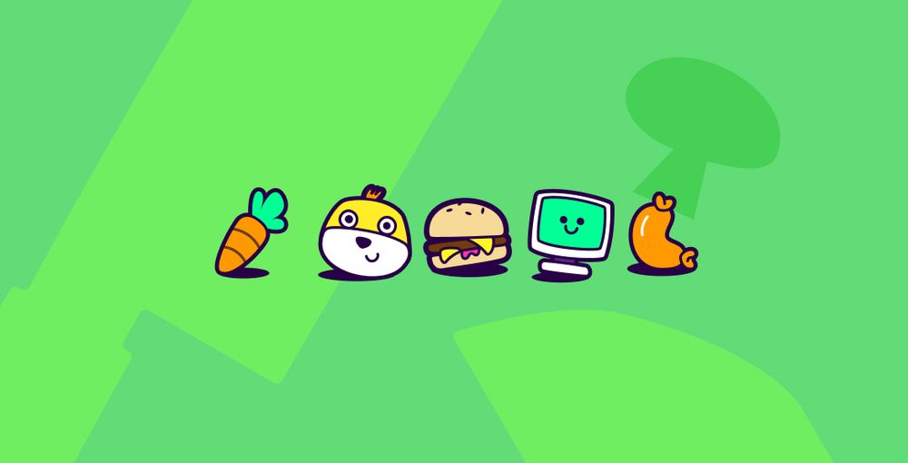 Icons of a carrot, a Flat Eric, a burger, an old computer and a sausage